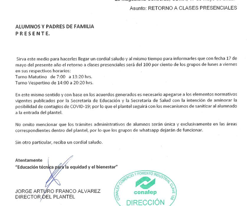  Se reanudan actividades presenciales en el plantel todos los dia todos los grupos