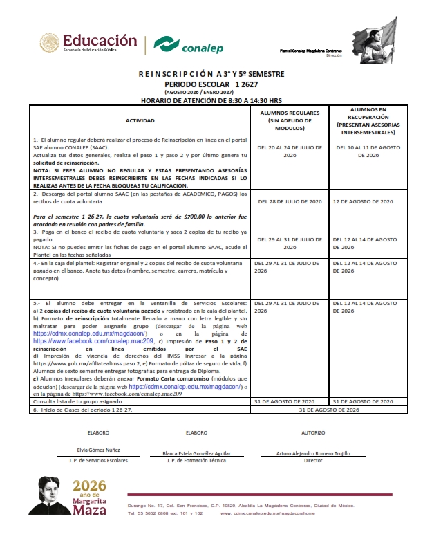 CALENDARIO REINSCRIPCION